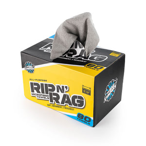 A box of Rip n Rag multi-purpose microfiber towels from The Rag Company in a grey color