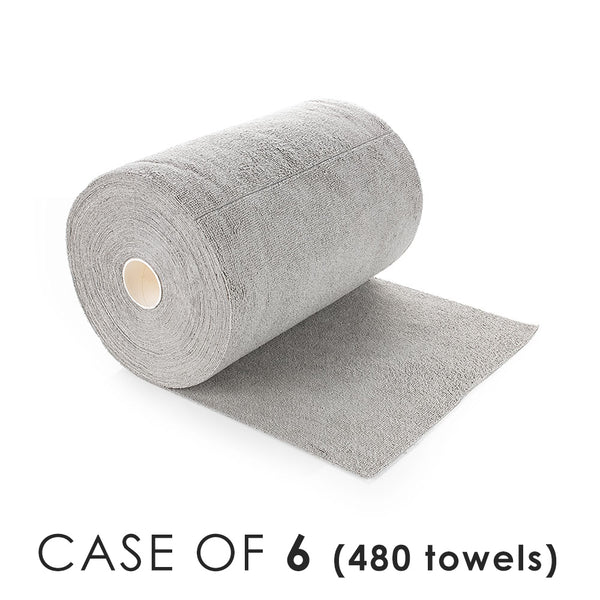 A large single roll of Rip n Rag multi-purpose microfiber towels from The Rag Company in a grey color lying on its side. This image is for a wholesale case totaling 480 towels