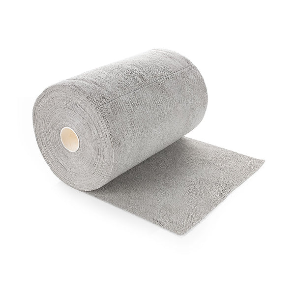 A large single roll of Rip n Rag multi-purpose microfiber towels from The Rag Company in a grey color lying on its side