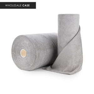 Two rolls of Rip n Rag multi-purpose microfiber towels from The Rag Company in a grey color. Advertising a wholesale case of the product