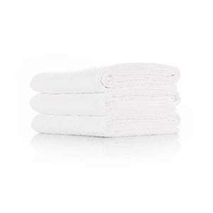 The Rag Company Spa and Workout 16x27 white 3 pack stacked view on a white background.