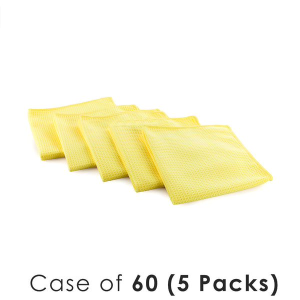 Standard Waffle Weave 16x16 Yellow Towels on a white background with the text "Case of 60 (5 Packs)"