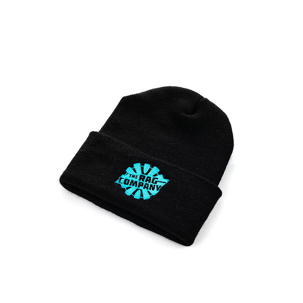 A black beanie with a blue embroidered logo for the Rag Company