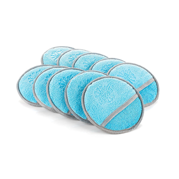 An image showing a ten pack of Round Detailing Applicators in Ultimate Blue and Ice Grey colors with a finger pocket from The Rag Company