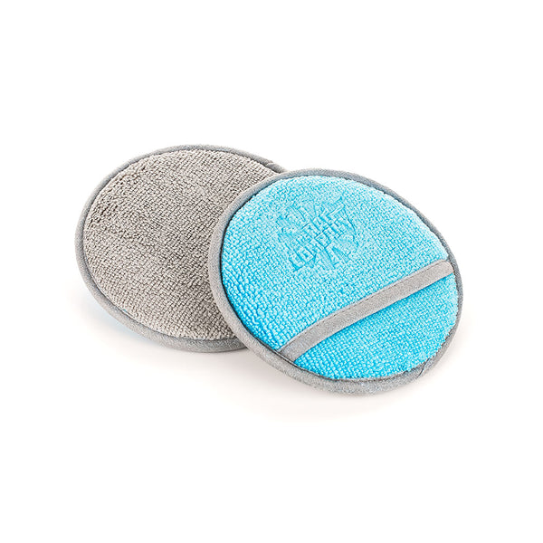 An image showing a single Round Detailing Applicator showing Ultimate Blue with a finger pocket on one side and Ice Grey color on the other side from The Rag Company