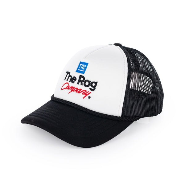 A black and white TRC hat on a white background.