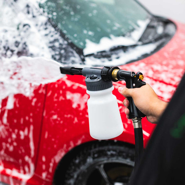 The Rag Company Foam Gun Kit Demo foam spray on a red car.