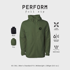 The Rag Company Performance Zip Hoodie Pine Green Front View with information on the side describing 4 way stretch, moisture wicking, and breathability of the hoodie. 
