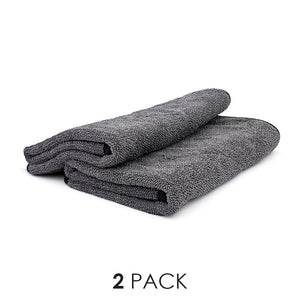 A 2 pack of grey 20"x24" Double Twistress microfiber towels from The Rag Company. The towels have a ButerSoft scratchless suede edge that is safe on pint, trim, and glass