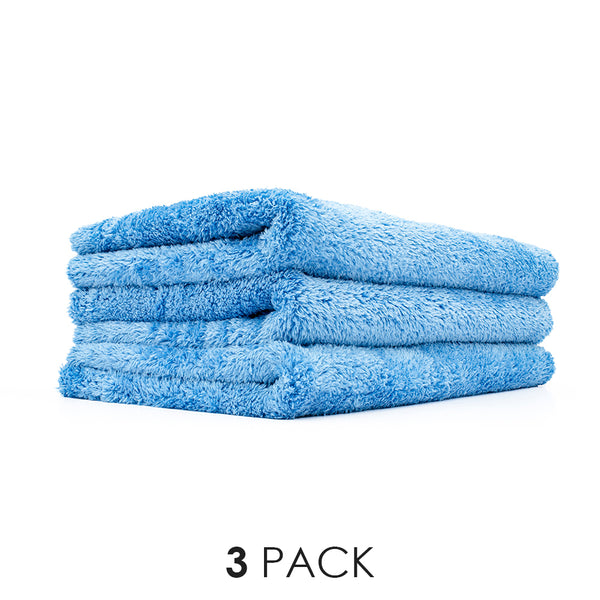 A picture of a 3-pack of 16x24 inch blue Eagle Edgeless 500 towels from The Rag Company