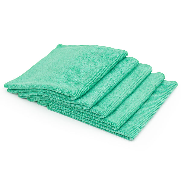 A stack of 5 Pearl towels from The Rag Company in a green color, measuring 16 inches by 16 inches.