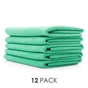 A stack of 5 Pearl towels from The Rag Company in a green color, measuring 16 inches by 16 inches.
