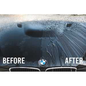 A before (wet no beads) and after (beaded water droplets) of a car hood with P & S Bead Maker.