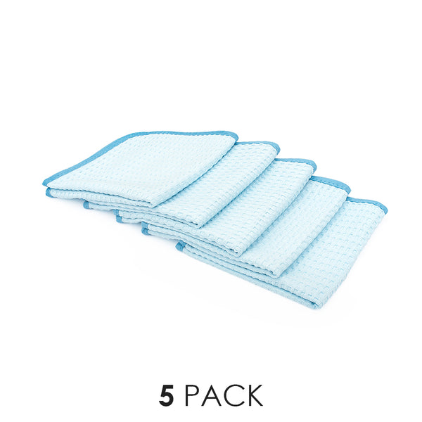 A picture of the 5 pack of Dry Me A River waffle weave microfiber towels from The Rag Company in light blue