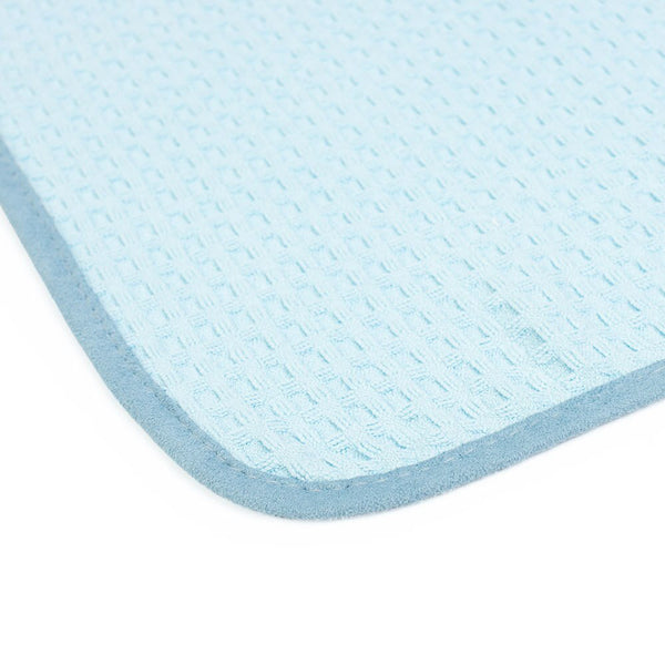 A picture of a single Dry Me A River waffle weave microfiber towels from The Rag Company in light blue