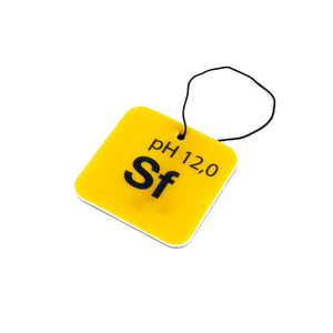 A yellow Koch Chemie Scent Hanger that says 'pH 12,0 SF' on a white background.