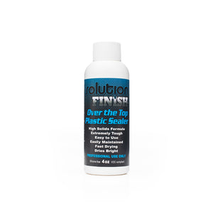 A bottle of Solution Finish Over the top plastic sealer on a white background.