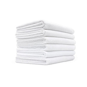 The Rag Company Spa and Workout white towels pack of 6 on a white background.