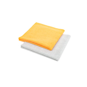 Edgeless Pearl microfiber towels from The Rag Company. One rag is orange and the other is Ice Grey