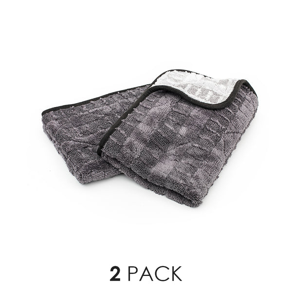An image of the 2 pack of 15 inch by 24 inch Gauntlet Towels from the Rag Company. These towels are Ice Grey on One side and Gauntlet Grey on the other with a scratcheless suede edge banding them together