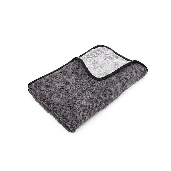 An image of a single 20 inch by 30 inch Gauntlet Towel from the Rag Company. These towels are Ice Grey on One side and Gauntlet Grey on the other with a scratcheless suede edge banding them together
