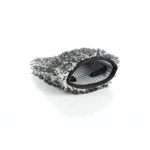 Black and white microfiber wheel mitt on a white background